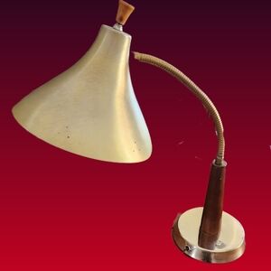 Vintage MCM Walnut, Brass and Aluminum Gooseneck Desk Lamp